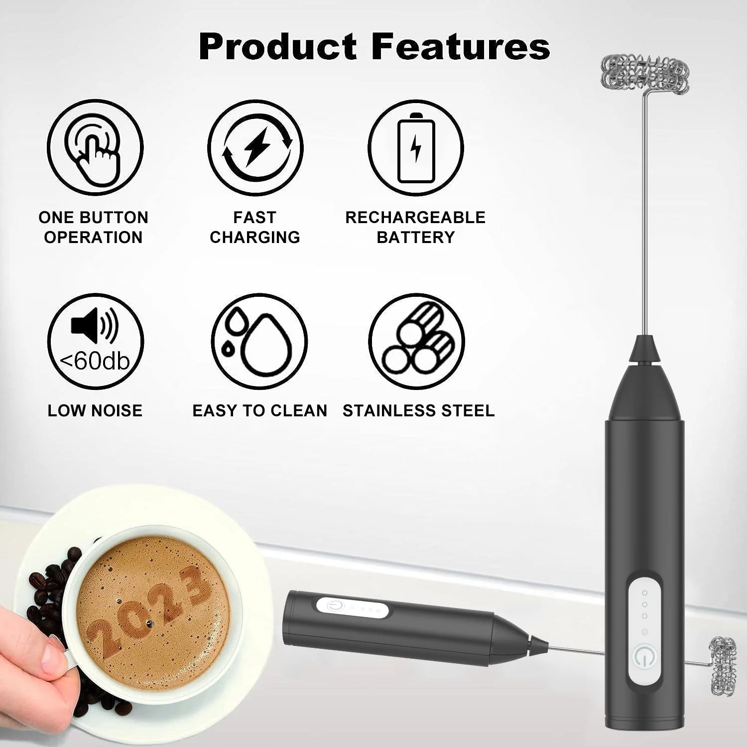 Rechargeable Milk Frother – 3-Speed Handheld Whisk